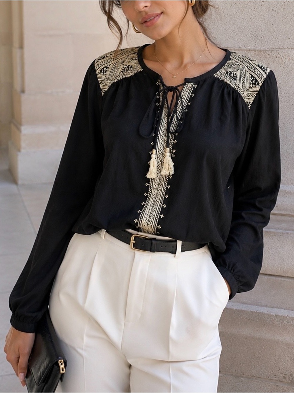Daniel Rainn Women Black Embroidered Bohemian Peasant Blouse Neck Tie Size S